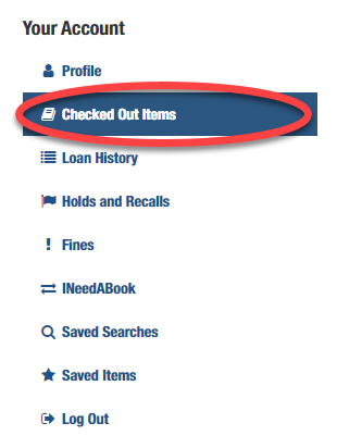 This is a screenshot of the menu item of Your Account in ELTEfind, in which the the Checked Out Items line is highlighted.
