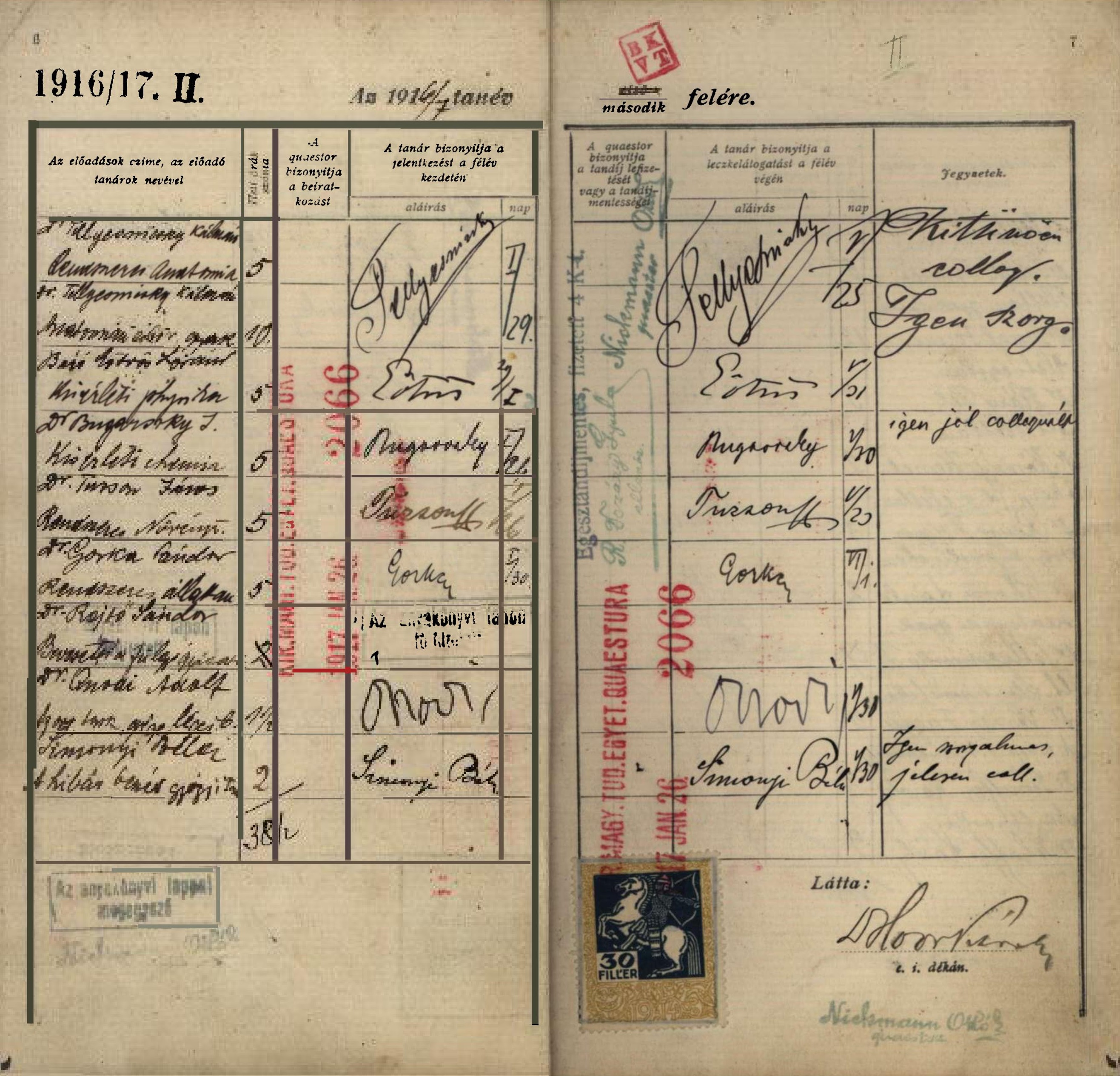 Bárczi Gusztáv orvostanhallgató leckekönyve, 1916/17. második félév